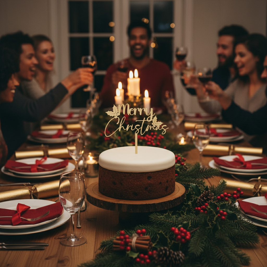 Merry Christmas cake topper on a small cake with a dark background