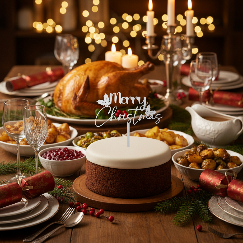 Merry Christmas cake topper on a small cake with white icing against a dark background