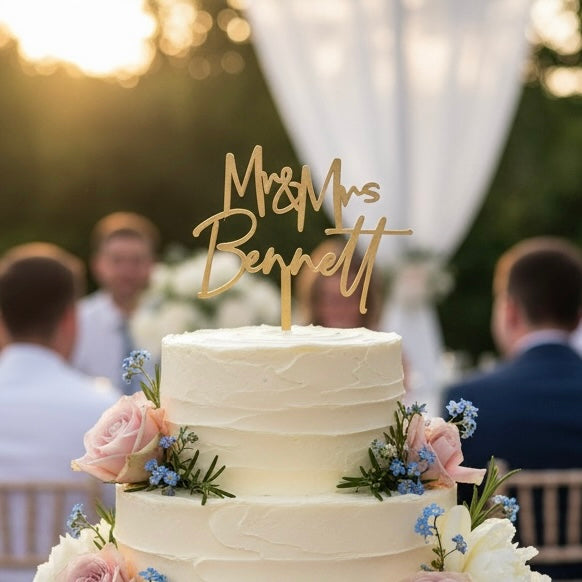 Personalized Rustic Wood Wedding Cake Topper, Mr & Mrs Food Safe