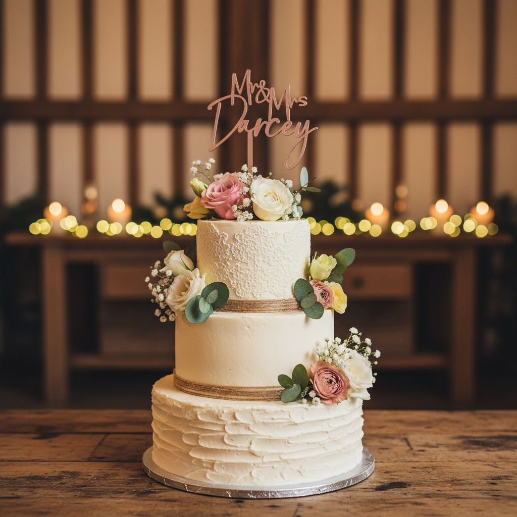 Personalized Rustic Wood Wedding Cake Topper, Mr & Mrs Food Safe