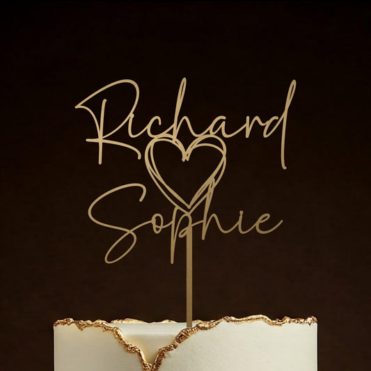 Gold Rustic wedding Heart cake topper, Personalised wedding decor, Custom Love Heart cake topper, Anniversary, Engagement Decoration
