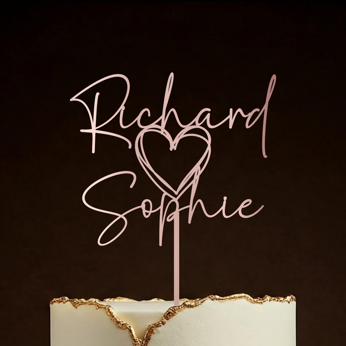 Gold Rustic wedding Heart cake topper, Personalised wedding decor, Custom Love Heart cake topper, Anniversary, Engagement Decoration