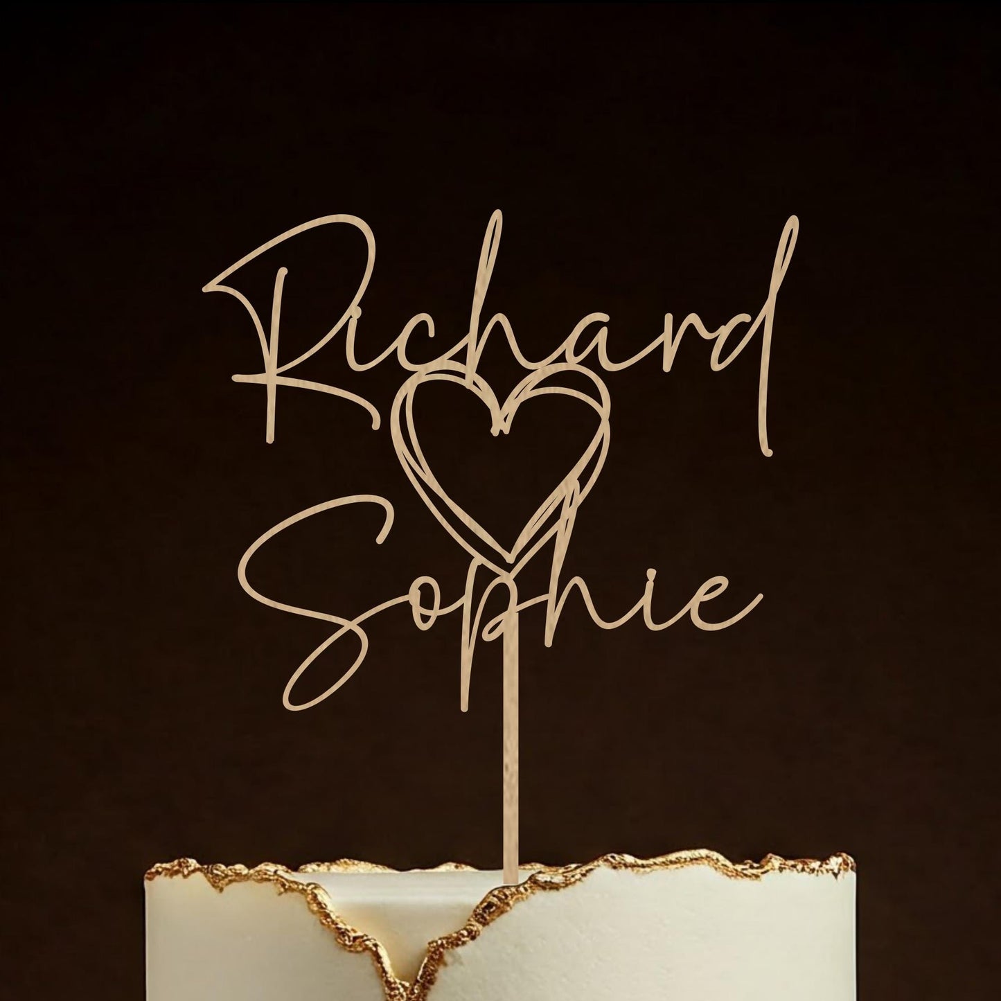 Gold Rustic wedding Heart cake topper, Personalised wedding decor, Custom Love Heart cake topper, Anniversary, Engagement Decoration