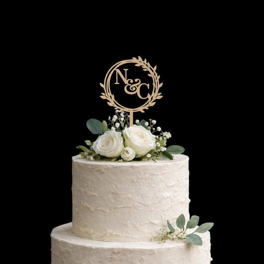 Personalised Rustic Wood Food Safe Wedding Cake Topper, Couple Initials