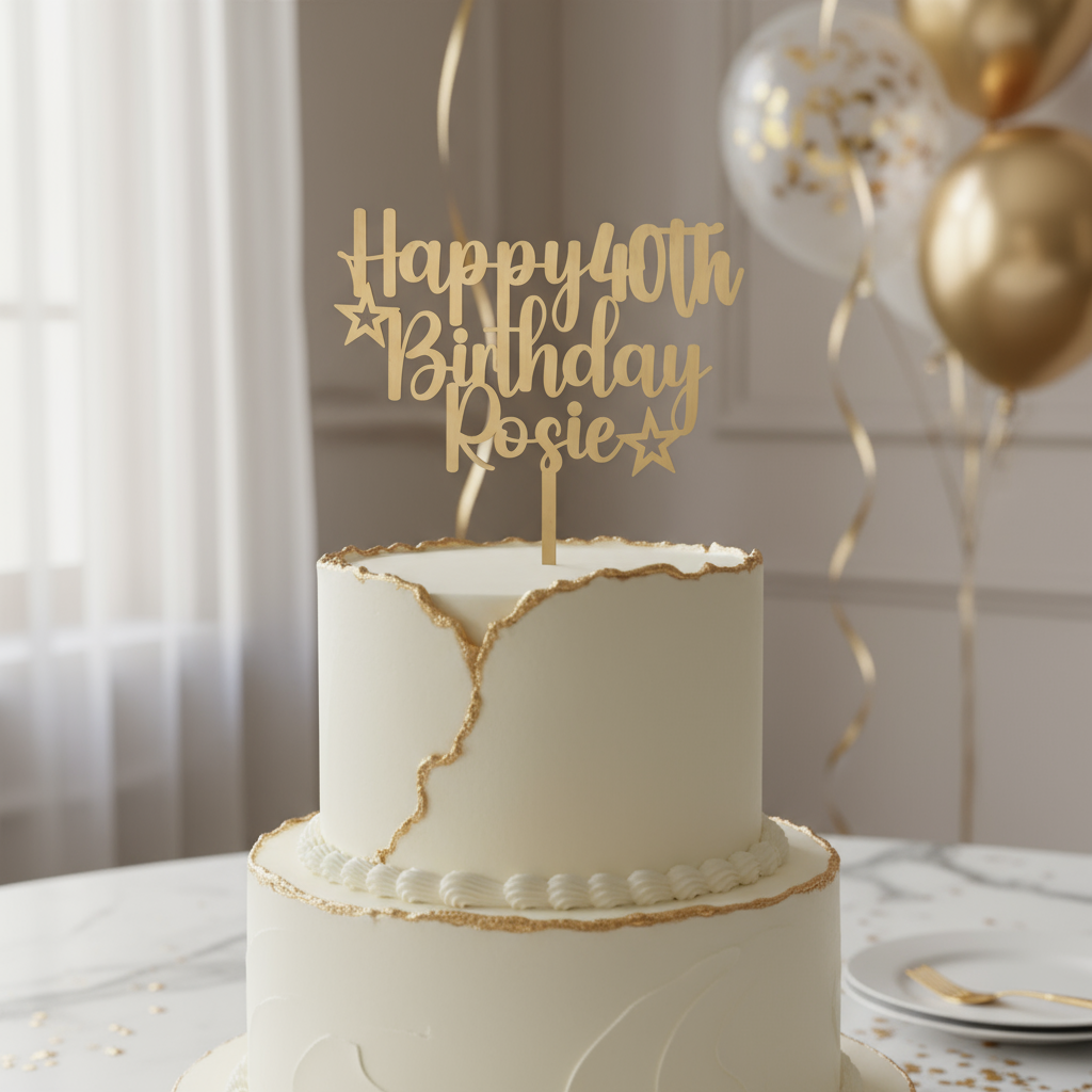 Personalised Birthday Cake Topper in elegant party setting